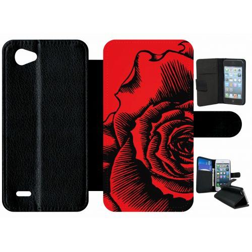 Etui A Rabat - Fleur Fond Fond Rouge - Compatible Avec Lg Q6 - Plastique - Bord Noir