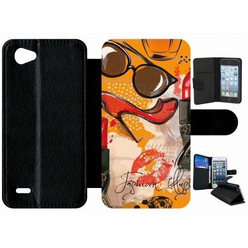 Etui A Rabat - Motif Girly Fond Orange - Compatible Avec Lg Q6 - Plastique - Bord Noir