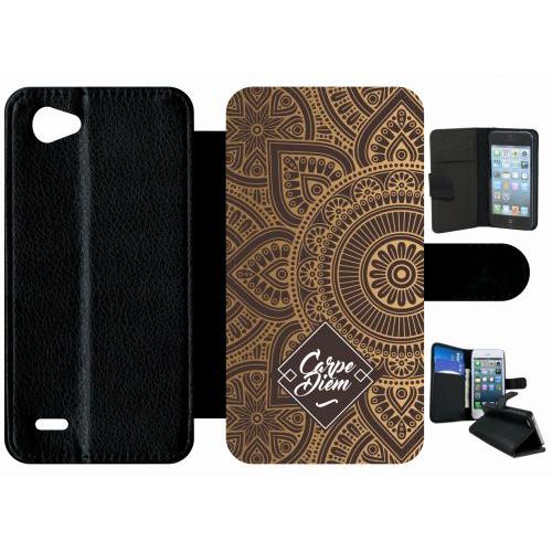 Etui A Rabat - Carpe Diem Modif Orient Fond Marron - Compatible Avec Lg Q6 - Plastique - Bord Noir