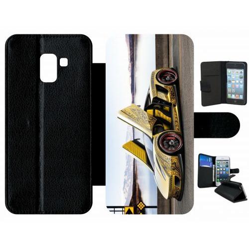 Etui A Rabat - Tuning Voiture Jaune - Compatible Avec Samsung Galaxy A8+ (2018) - Plastique - Bord Noir