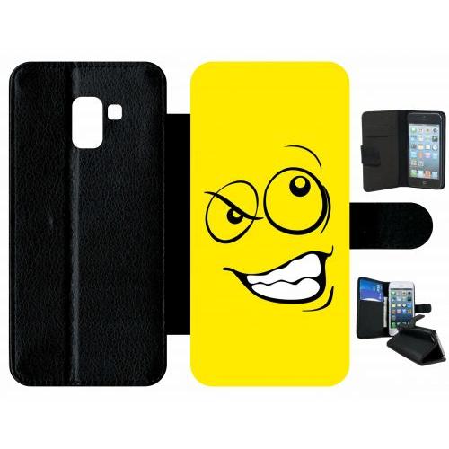 Etui A Rabat - Smiley Énervé Jaune - Compatible Avec Samsung Galaxy A8+ (2018) - Plastique - Bord Noir