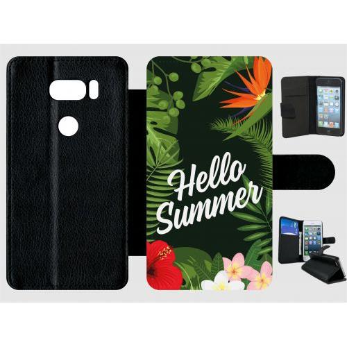 Etui A Rabat - Hello Summer Tropical Fond Vert 2 - Compatible Avec Lg V30 - Plastique - Bord Noir