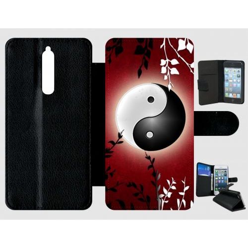 Etui A Rabat - Ying Yang Rouge - Compatible Avec Nokia 8 - Plastique - Bord Noir