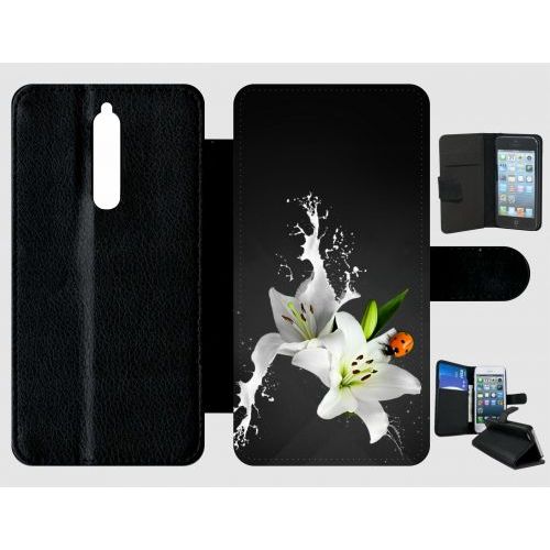 Etui A Rabat - Lys Blanc Coccinelle Sur Fond Gris - Compatible Avec Nokia 8 - Plastique - Bord Noir