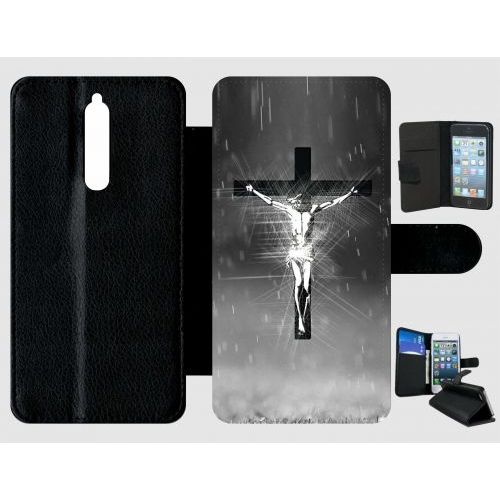 Etui A Rabat - Jésus Croix Noir Et Blanc - Compatible Avec Nokia 8 - Plastique - Bord Noir