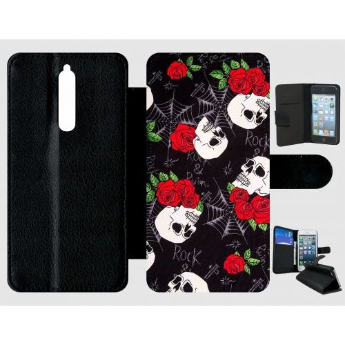 Etui A Rabat - Tete De Mort Toile Rose Rock - Compatible Avec Nokia 8 - Plastique - Bord Noir