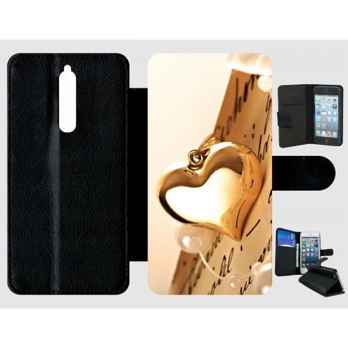 Etui A Rabat - Coeur D'or Sur Livre - Compatible Avec Nokia 8 - Plastique - Bord Noir