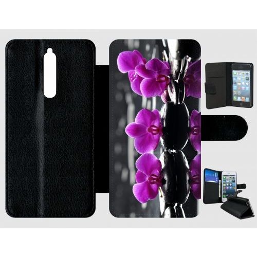Etui A Rabat - Orchide Violette Fond Gris - Compatible Avec Nokia 8 - Plastique - Bord Noir
