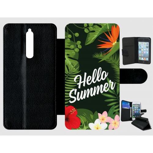 Etui A Rabat - Hello Summer Tropical Fond Vert 2 - Compatible Avec Nokia 8 - Plastique - Bord Noir