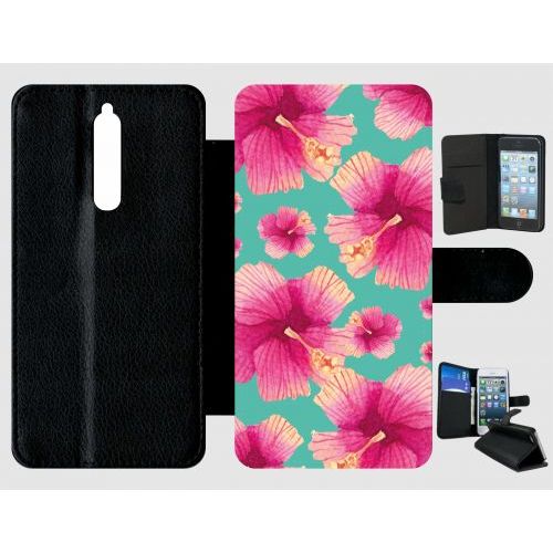 Etui A Rabat - Hibiscus Fond Turquoise - Compatible Avec Nokia 8 - Plastique - Bord Noir