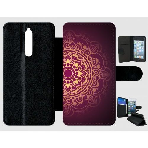 Etui A Rabat - Oriental Fond Mauve Et Or - Compatible Avec Nokia 8 - Plastique - Bord Noir