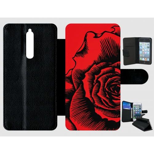 Etui A Rabat - Fleur Fond Fond Rouge - Compatible Avec Nokia 8 - Plastique - Bord Noir