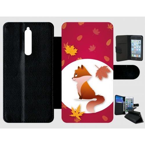 Etui A Rabat - Renard Fond Rouge - Compatible Avec Nokia 8 - Plastique - Bord Noir