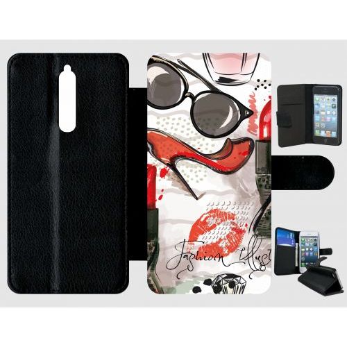 Etui A Rabat - Motif Girly Fond Blanc - Compatible Avec Nokia 8 - Plastique - Bord Noir
