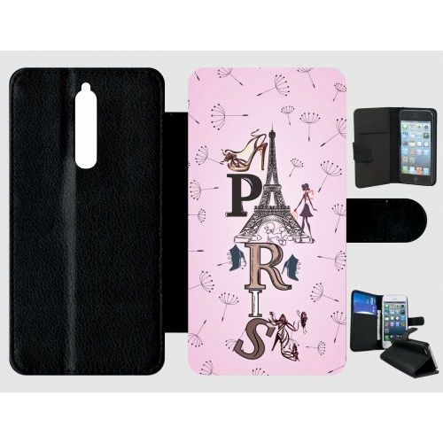 Etui A Rabat - Paris Fond Rose Pale - Compatible Avec Nokia 8 - Plastique - Bord Noir