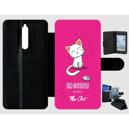 Etui A Rabat - En Couple Avec Mon Chat Fond Rose - Compatible Avec Nokia 8 - Plastique - Bord Noir