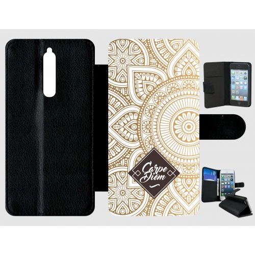 Etui A Rabat - Carpe Diem Modif Orient Fond Blanc - Compatible Avec Nokia 8 - Plastique - Bord Noir