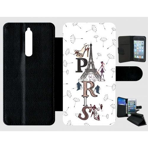 Etui A Rabat - Paris Fond Blanc - Compatible Avec Nokia 8 - Plastique - Bord Noir