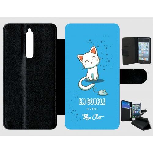 Etui A Rabat - En Couple Avec Mon Chat Fond Bleu - Compatible Avec Nokia 8 - Plastique - Bord Noir