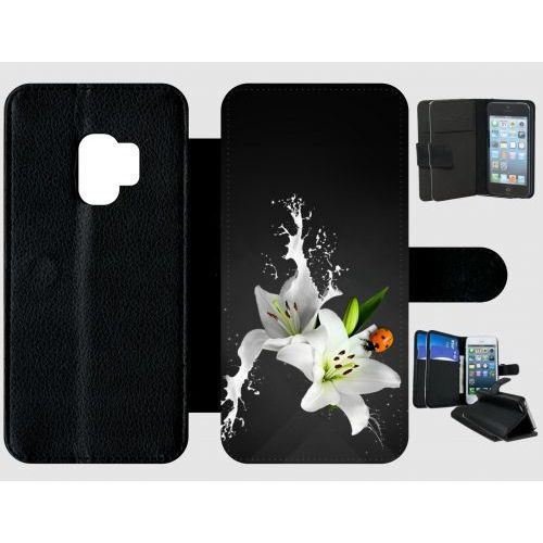 Etui A Rabat - Lys Blanc Coccinelle Sur Fond Gris - Compatible Avec Samsung Galaxy S9 - Plastique - Bord Noir