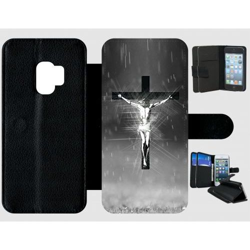 Etui A Rabat - Jésus Croix Noir Et Blanc - Compatible Avec Samsung Galaxy S9 - Plastique - Bord Noir