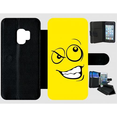 Etui A Rabat - Smiley Énervé Jaune - Compatible Avec Samsung Galaxy S9 - Plastique - Bord Noir