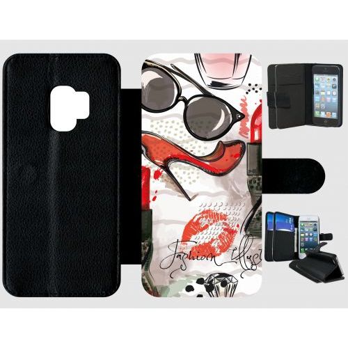 Etui A Rabat - Motif Girly Fond Blanc - Compatible Avec Samsung Galaxy S9 - Plastique - Bord Noir