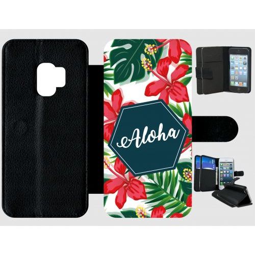 Etui A Rabat - Aloha Tropical Fond Blanc - Compatible Avec Samsung Galaxy S9 - Plastique - Bord Noir