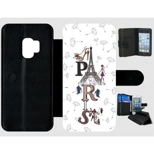 Etui A Rabat - Paris Fond Blanc - Compatible Avec Samsung Galaxy S9 - Plastique - Bord Noir