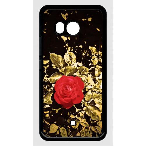 Coque Pour Smartphone - Rose Et Feuille D'or - Compatible Avec Htc U11 - Plastique - Bord Noir