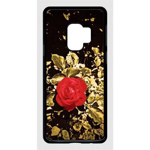 Coque Pour Smartphone - Rose Et Feuille D'or - Compatible Avec Samsung Galaxy S9 - Plastique - Bord Noir