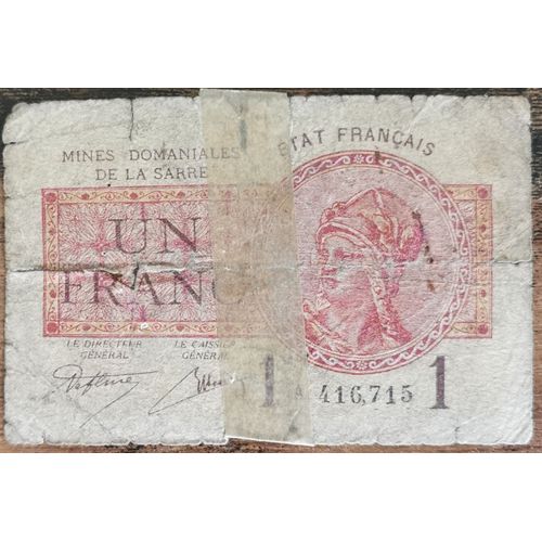 Billet De 1 Franc Mines Domaniales De La Sarre État Français A 416715 Cf Photos