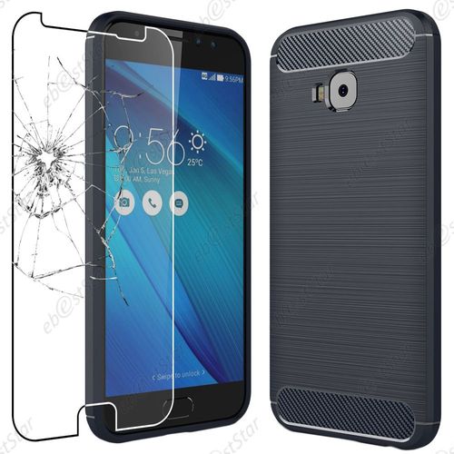 Ebeststar ® Pour Asus Zenfone 4 Selfie Pro Zd552kl - Coque Motif Fibre Carbone Luxe 2 Barres Horizontales + Film En Verre Trempé, Couleur Bleu Foncé