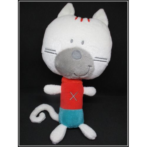 Doudou Grosse Tête Chat Gris Bleu Rouge Blanc Croix - 34 Cm - Orchestra