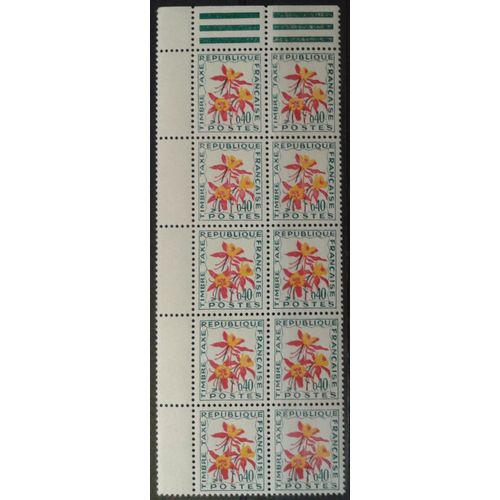 Bloc 10 Timbres-Taxe Coin De Feuille France 1971 Yvert Et Tellier N°100 Aquilegia Sp. Neuf** Sans Traces De Chanière