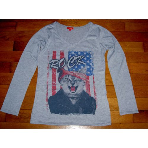 T-Shirt Tee Shirt Manches Longues Col V Gris Gros Motif Poitrine Chat Rock Et Drapeaux Américain Tissaia Taille 16 Ans