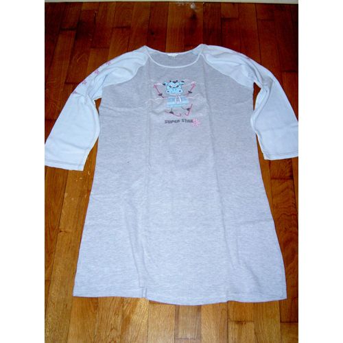 Chemise De Nuit Manches Longues Col Rond Grise Et Bleue Motif Vache Au Sport D&#39hiver Superstar Nuit D&#39étoiles Taille 14 Ans