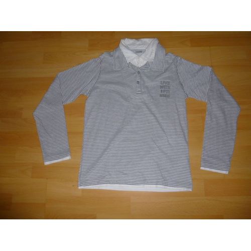 Polo Okaïdi Manches Longues Rayé Gris Et Blanc - 14 Ans