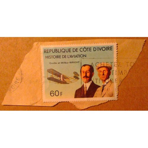 Timbre République De Côte D'ivoire 1977 Yvert Et Tellier N°424 Histoire De L'aviation Orville Et Wilbur Wright Oblitéré Sur Coin D'enveloppe