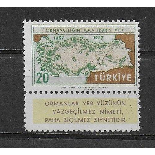 Turquie 1957 : Centenaire De L'enseignement Forestier : Carte Forestière De La Turquie - Timbre Neuf * Avec Vignette Attenante