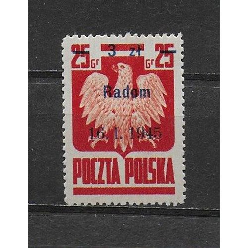 Pologne 1945 : Armoiries : Aigle - Timbre 3 Z. Sur 25 G. Carmin Neuf * Surchargé Radom 16/1/1945