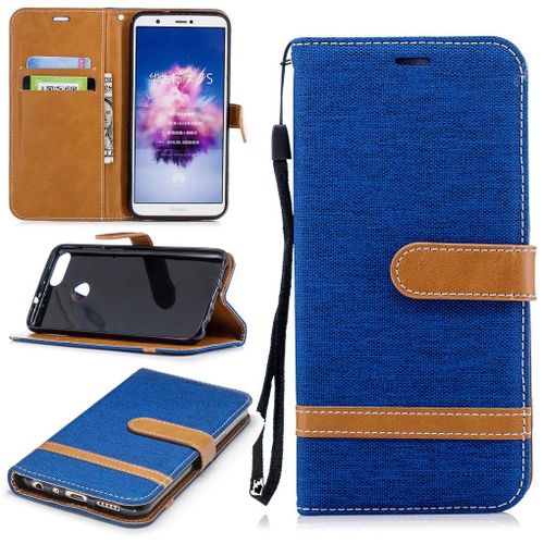 Huawei P Smart Coque, Saturcase Premium Jeans Style Denim Et Pu Cuir Magnétique Flip Portefeuille Support Porte-Carte Protecteur Case Cover Coque Housse Étui Avec Dragonne Pour Huawei P Smart (Bleu)