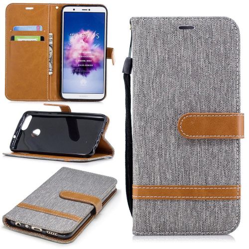 Huawei P Smart Coque, Saturcase Premium Jeans Style Denim Et Pu Cuir Magnétique Flip Portefeuille Support Porte-Carte Protecteur Case Cover Coque Housse Étui Avec Dragonne Pour Huawei P Smart (Gris)