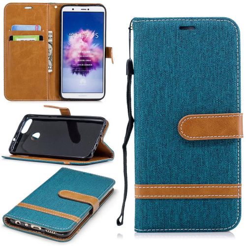 Huawei P Smart Coque, Saturcase Premium Jeans Style Denim Et Pu Cuir Magnétique Flip Portefeuille Support Porte-Carte Protecteur Case Cover Coque Housse Étui Avec Dragonne Pour Huawei P Smart (Vert)