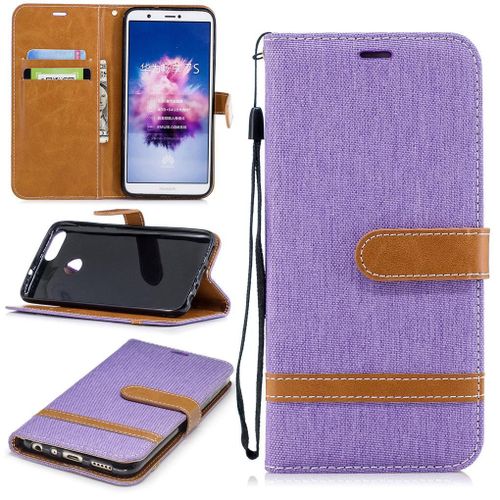 Huawei P Smart Coque, Saturcase Premium Jeans Style Denim Et Pu Cuir Magnétique Flip Portefeuille Support Porte-Carte Protecteur Case Cover Coque Housse Étui Avec Dragonne Pour Huawei P Smart (Violet)