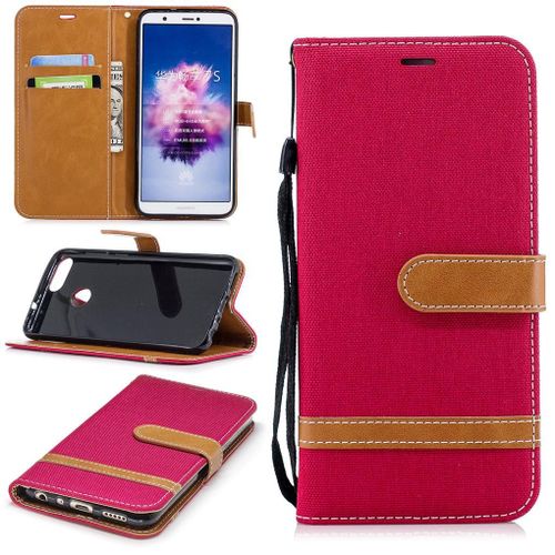 Huawei P Smart Coque, Saturcase Premium Jeans Style Denim Et Pu Cuir Magnétique Flip Portefeuille Support Porte-Carte Protecteur Case Cover Coque Housse Étui Avec Dragonne Pour Huawei P Smart (Rouge)