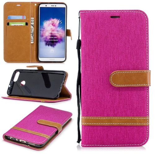 Huawei P Smart Coque, Saturcase Premium Jeans Style Denim Et Pu Cuir Magnétique Flip Portefeuille Support Porte-Carte Protecteur Case Cover Coque Housse Étui Avec Dragonne Pour Huawei P Smart (Rose)