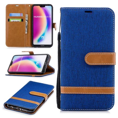 Huawei P20 Lite Coque, Saturcase Premium Jeans Style Denim Et Pu Cuir Magnétique Flip Portefeuille Support Porte-Carte Protecteur Case Cover Coque Housse Étui Avec Dragonne Pour Huawei P20 Lite (Bleu)