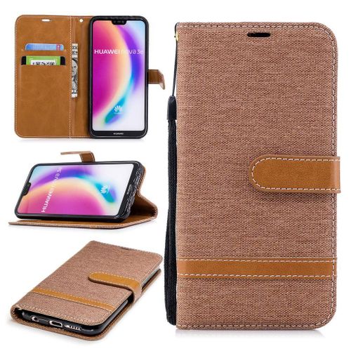 Huawei P20 Lite Coque, Saturcase Premium Jeans Style Denim Et Pu Cuir Magnétique Flip Portefeuille Support Porte-Carte Protecteur Case Cover Coque Housse Étui Avec Dragonne Pour Huawei P20 Lite (Brun)
