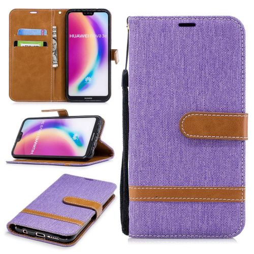 Huawei P20 Lite Coque, Saturcase Premium Jeans Style Denim Et Pu Cuir Magnétique Flip Portefeuille Support Porte-Carte Protecteur Case Cover Coque Housse Étui Avec Dragonne Pour Huawei P20 Lite (Violet)